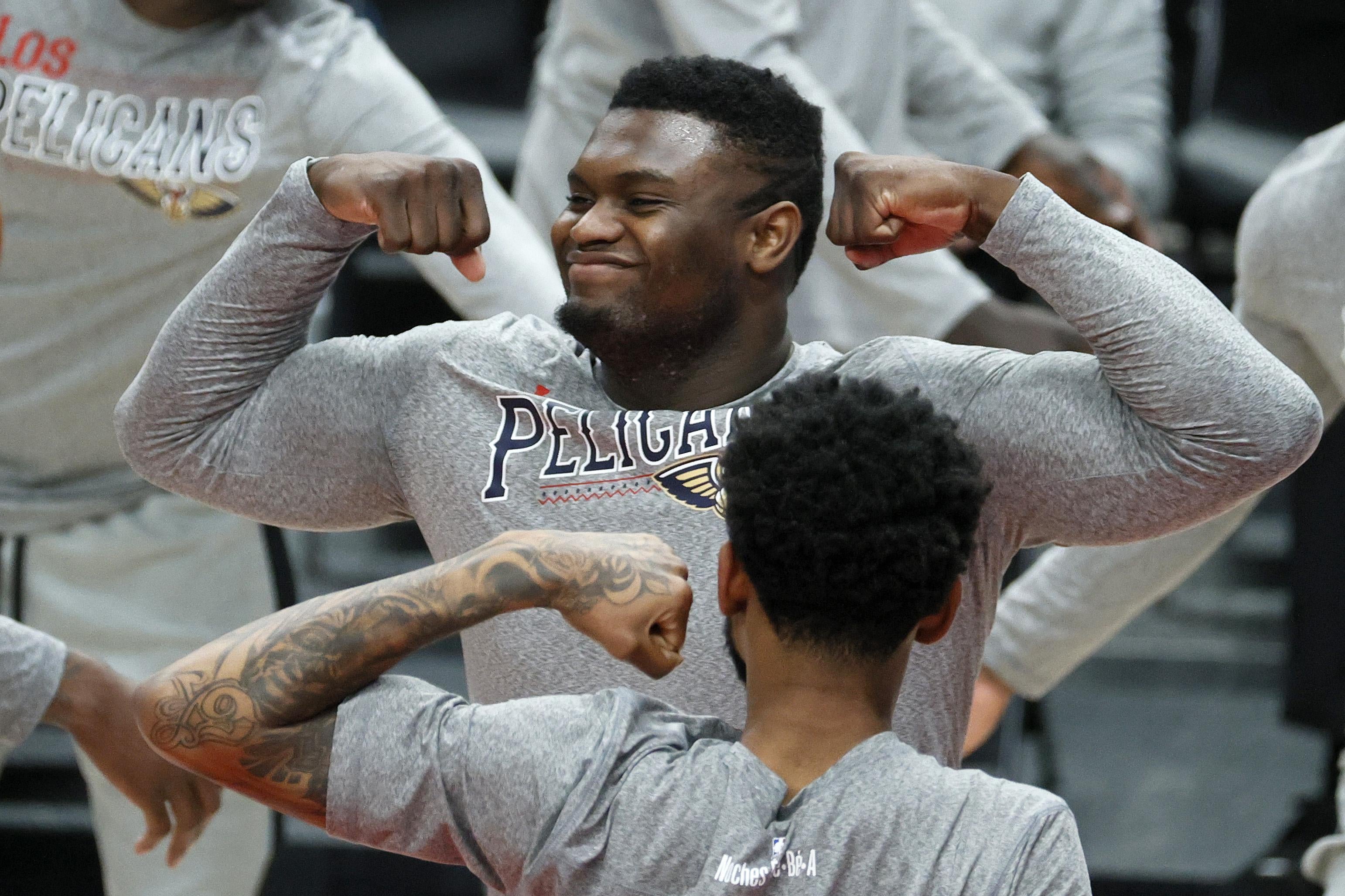 PORTLAND, OREGON - MARCH 18: Zion Williamson #1 of the New Orleans Pelicans is announced before the game against the Portland Trail Blazers at Moda Center on March 18, 2021 in Portland, Oregon. NOTE TO USER: User expressly acknowledges and agrees that, by downloading and or using this photograph, User is consenting to the terms and conditions of the Getty Images License Agreement. (Photo by Steph Chambers/Getty Images)