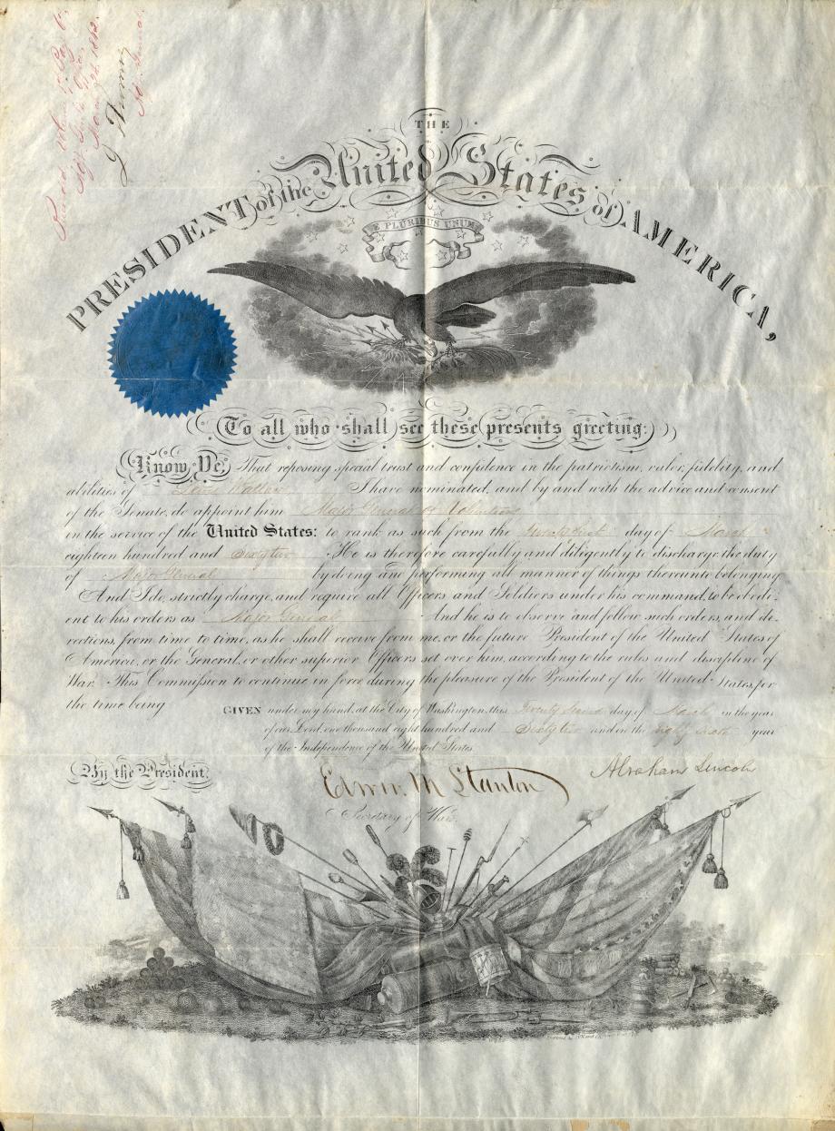 Lew Wallace promotion paper, to major general, then the highest rank in the Union Army. The papers are signed by Abraham Lincoln and Secretary of War Edwin M. Stanton. 