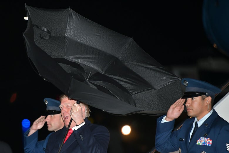 President Donald Trump steps off Air Force One upon return to Andrews Air Force Base in Maryland on April 28, 2018.