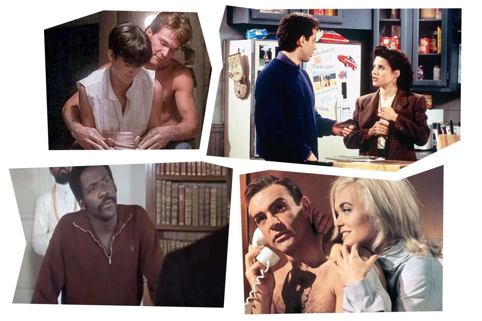 Top left: A shirtless Patrick Swayze sits behind Demi Moore before a pottery wheel. Top right: Julia Louis-Dreyfus and Jerry Seinfeld in a kitchen. Bottom left: Richard Roundtree stands in front of a bookshelf. Bottom right: A shirtless Sean Connery holds a phone to his ear while smiling Shirley Eaton leans on his shoulder.