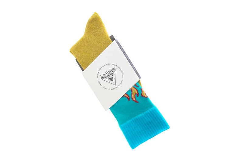 Blue and yellow John Fluevog socks