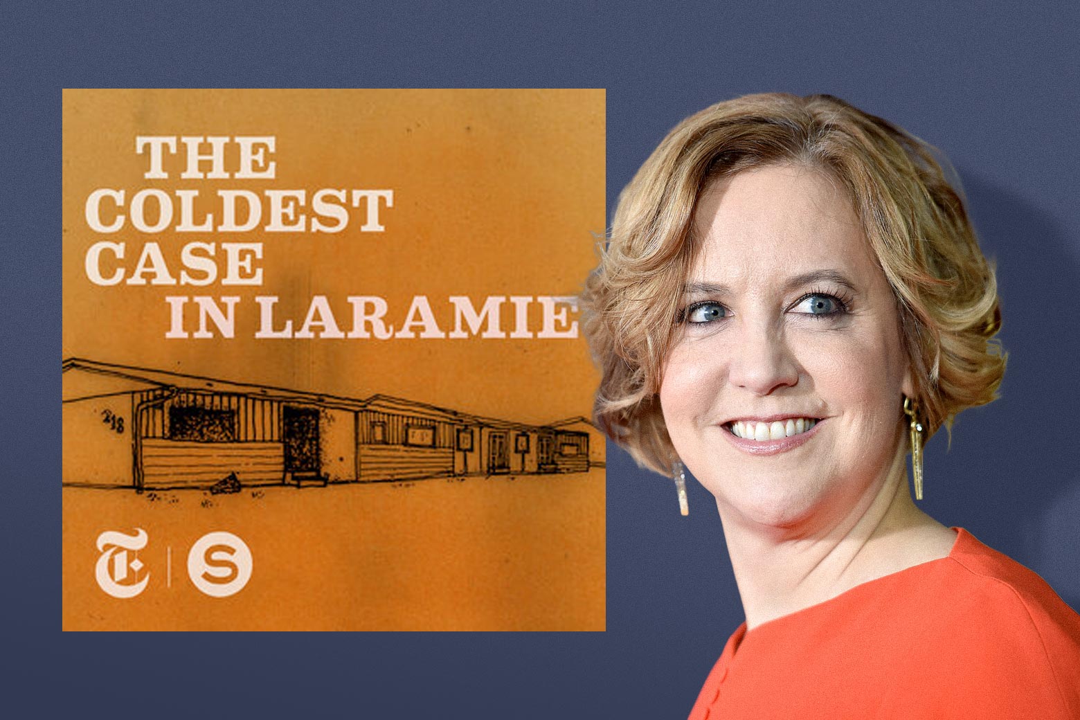 On the left, the podcast art for The Coldest Case in Laramie depicts a desolate landscape with a line of simple one-story houses. On the right, a blonde woman in a red dress.