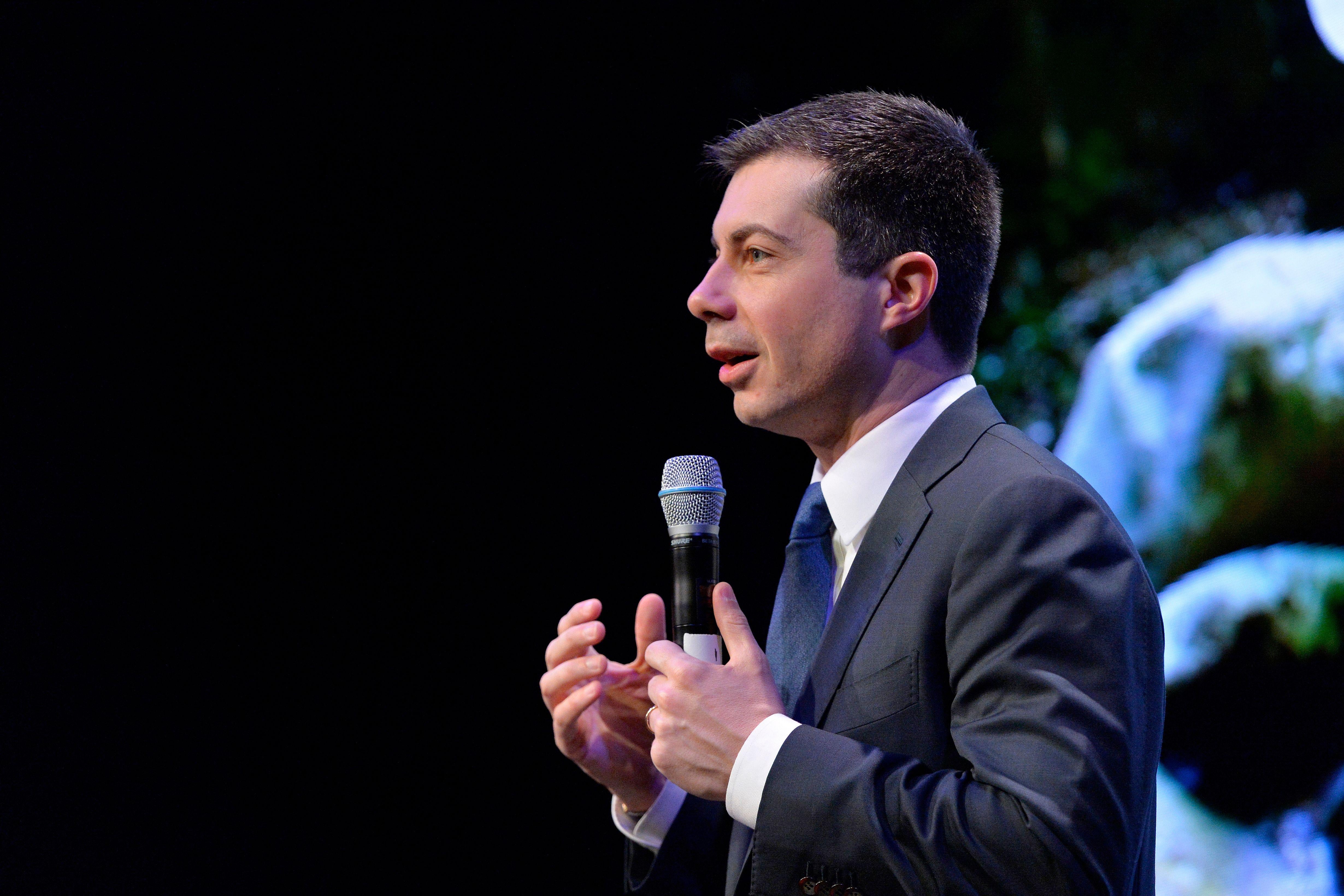 Democratic presidential candidate Pete Buttigieg speaks at the New Hampshire Youth Climate and Clean Energy Town Hall at the Bank Of New Hampshire Stage in Concord, New Hampshire on February 5, 2020. (Photo by Joseph Prezioso / AFP) (Photo by JOSEPH PREZIOSO/AFP via Getty Images)