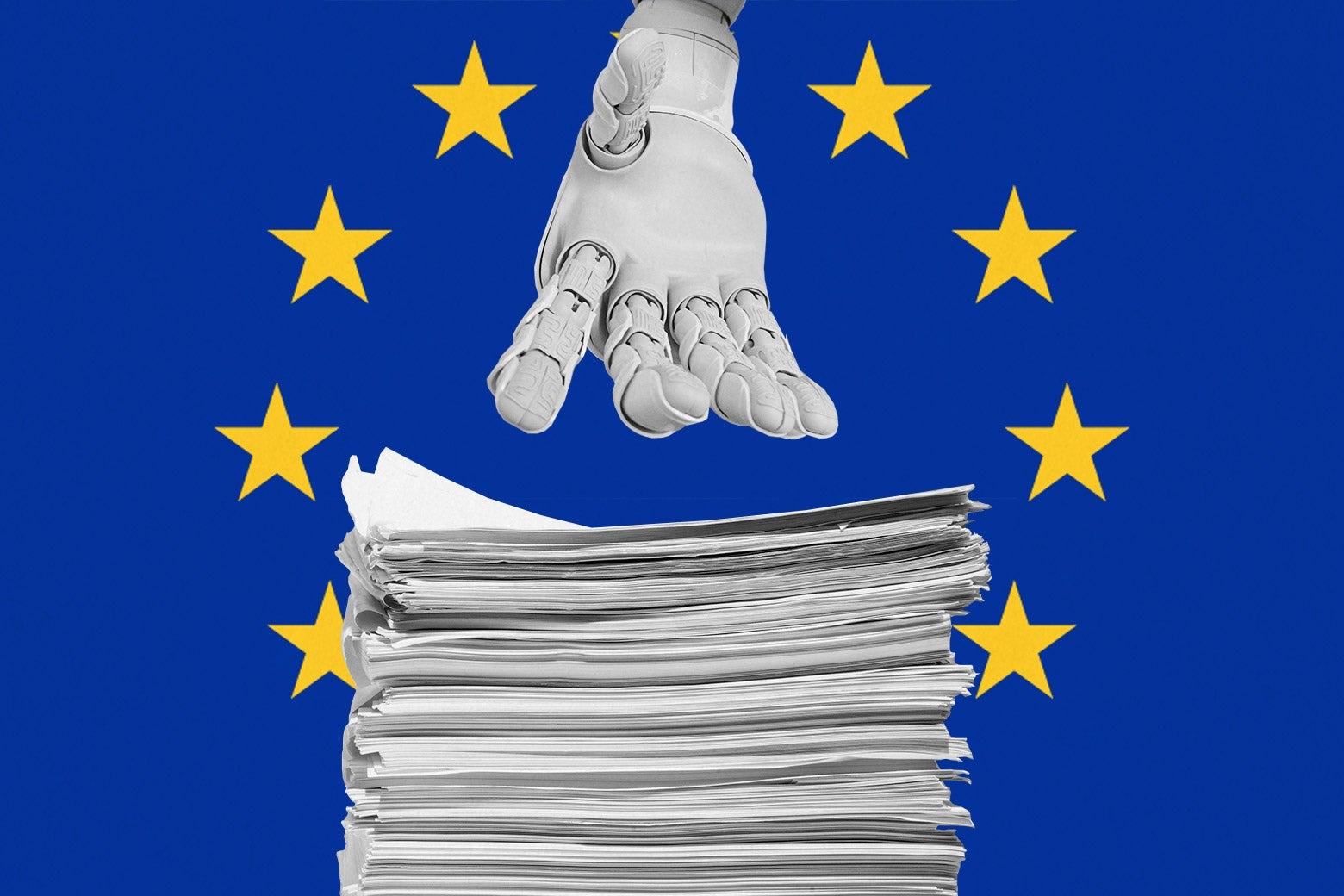 Against a blue background with yellow stars, a robot hand reaches for a stack of papers.