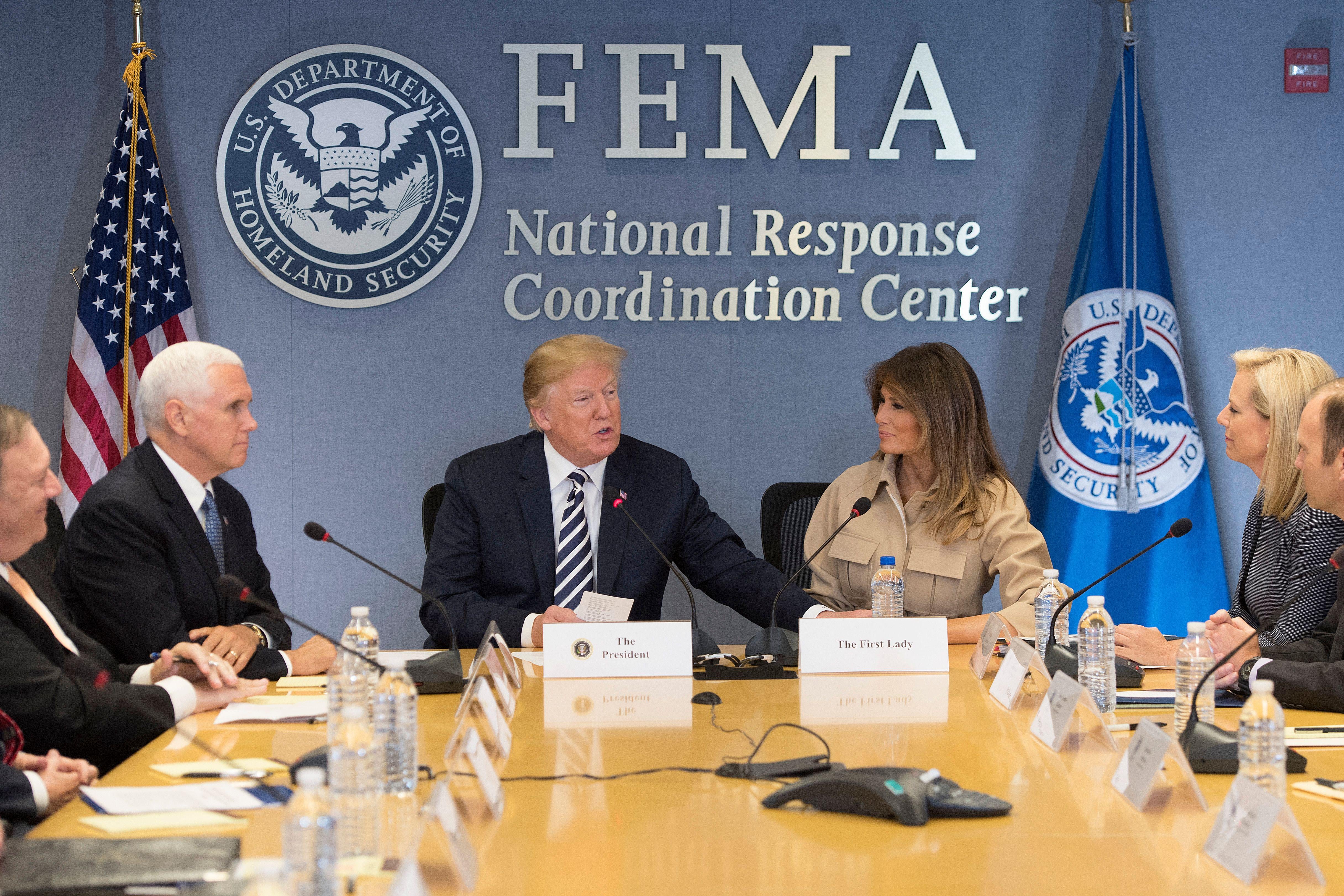 President Donald Trump, Vice President Mike Pence, and First Lady Melania Trump visit the Federal Emergency Management Agency Headquarters and attend a 2018 Hurricane Briefing in Washington, D.C. on June 6, 2018.