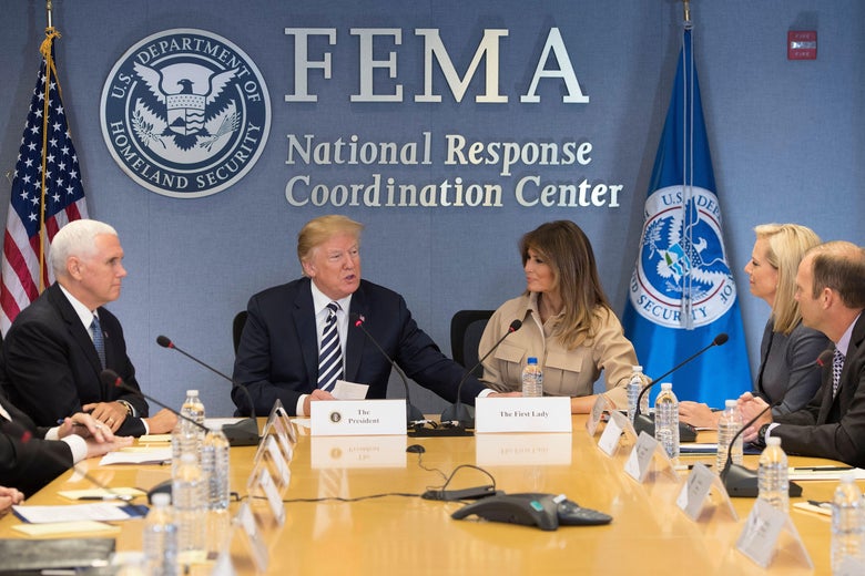 President Donald Trump, Vice President Mike Pence, and First Lady Melania Trump visit the Federal Emergency Management Agency Headquarters and attend a 2018 Hurricane Briefing in Washington, D.C. on June 6, 2018.