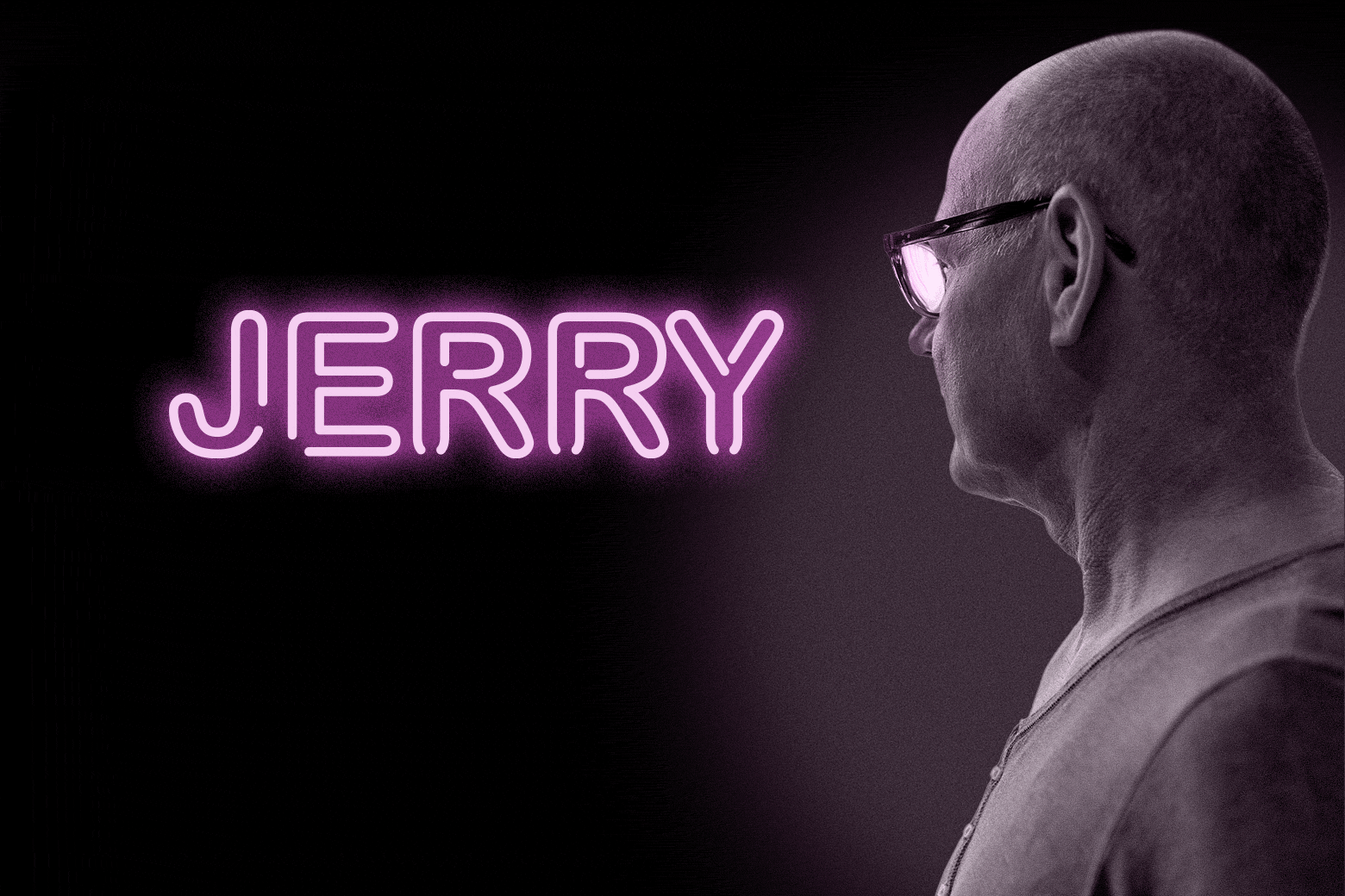 Man looking at a name "Jerry" glowing in neon.