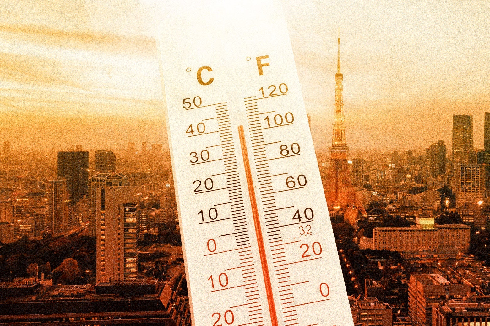 Collage of a thermometer showing a temperature above 100 F laid over a photo of the Tokyo skyline.