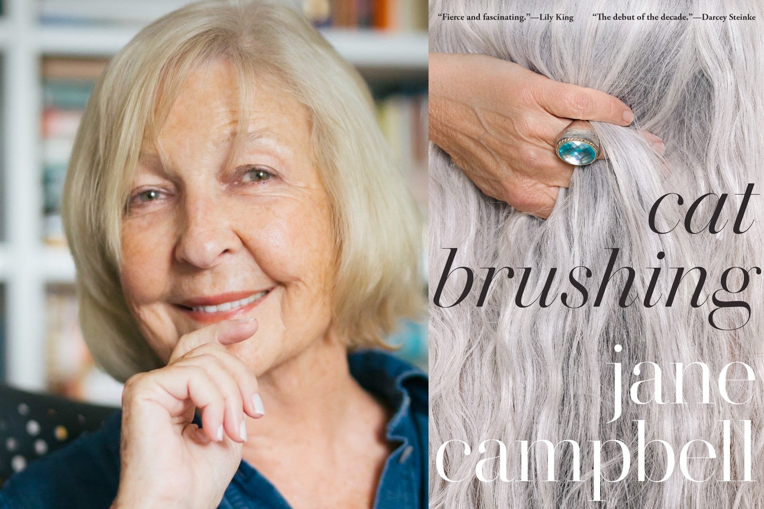 On the left, a charming-looking older woman with gray-blonde hair smiles at the camera, her right hand raised to her chin. On the right, the cover of her book Cat Brushing, showing a somewhat wrinkly hand wearing a big bright blue stone on a ring running its fingers through thick gray hair