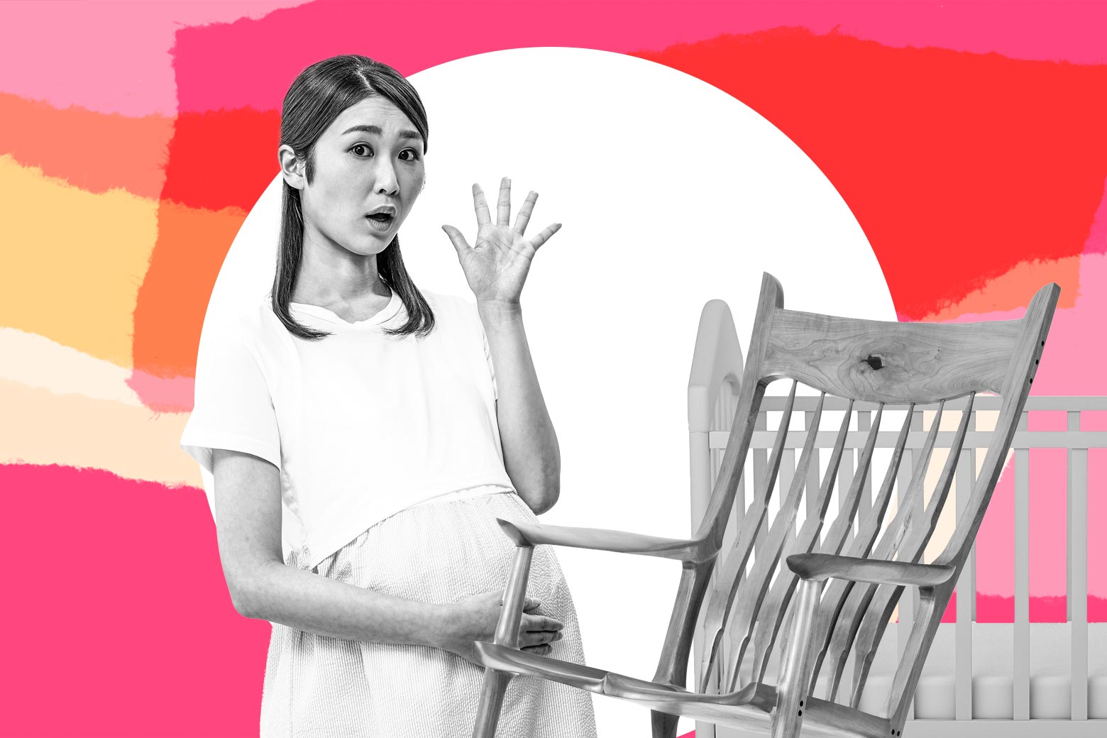 A pregnant woman expresses shock at a baby crib and rocking chair.