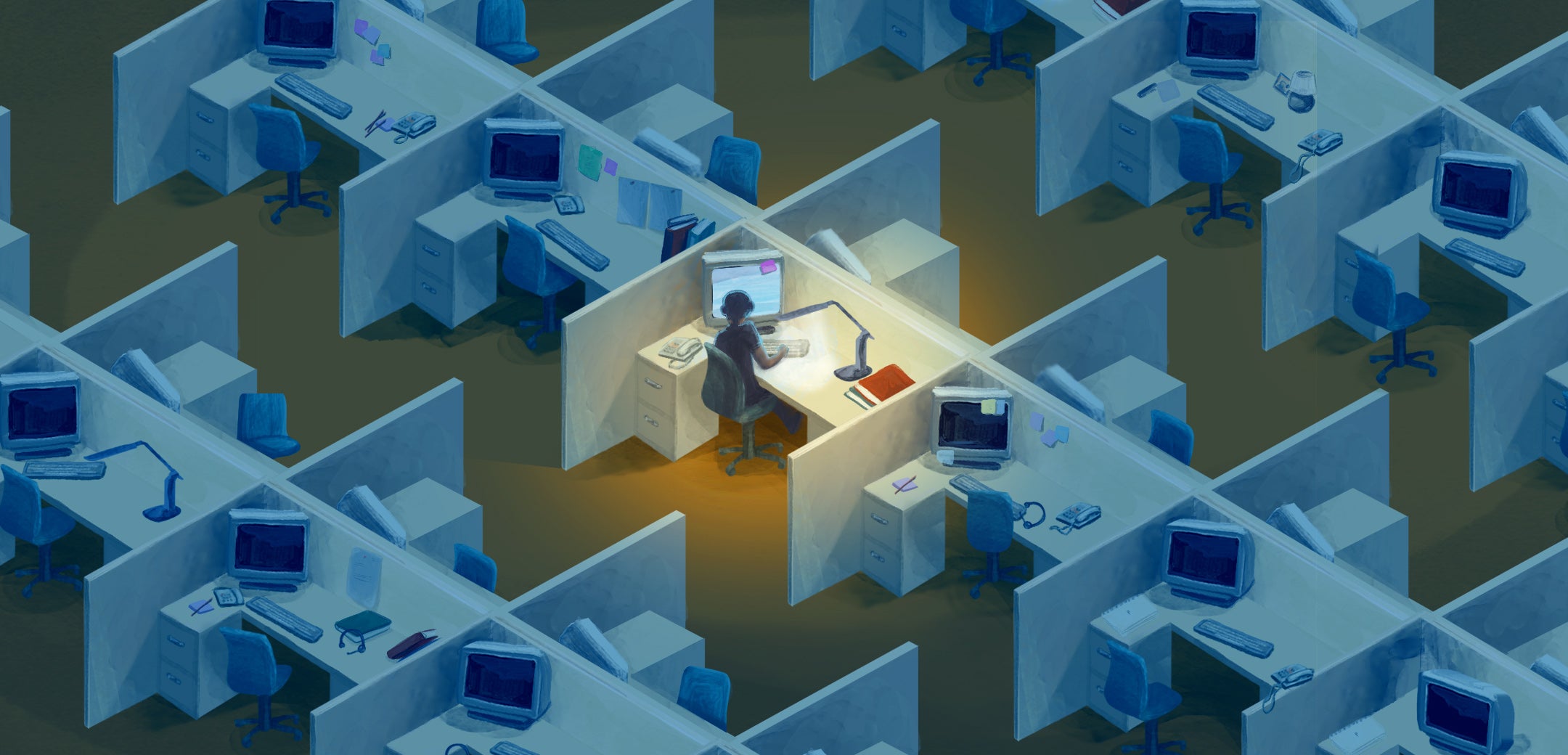 A sea of telemarketing cubicles, some empty with asleep computers, others occupied with desk lights and people in headsets making sales calls.