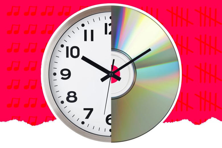 Diptych of a clock and a compact disc.
