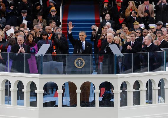 President Obama waves to the crowd after his speech at the ceremonial swearing-in during the Inauguration.