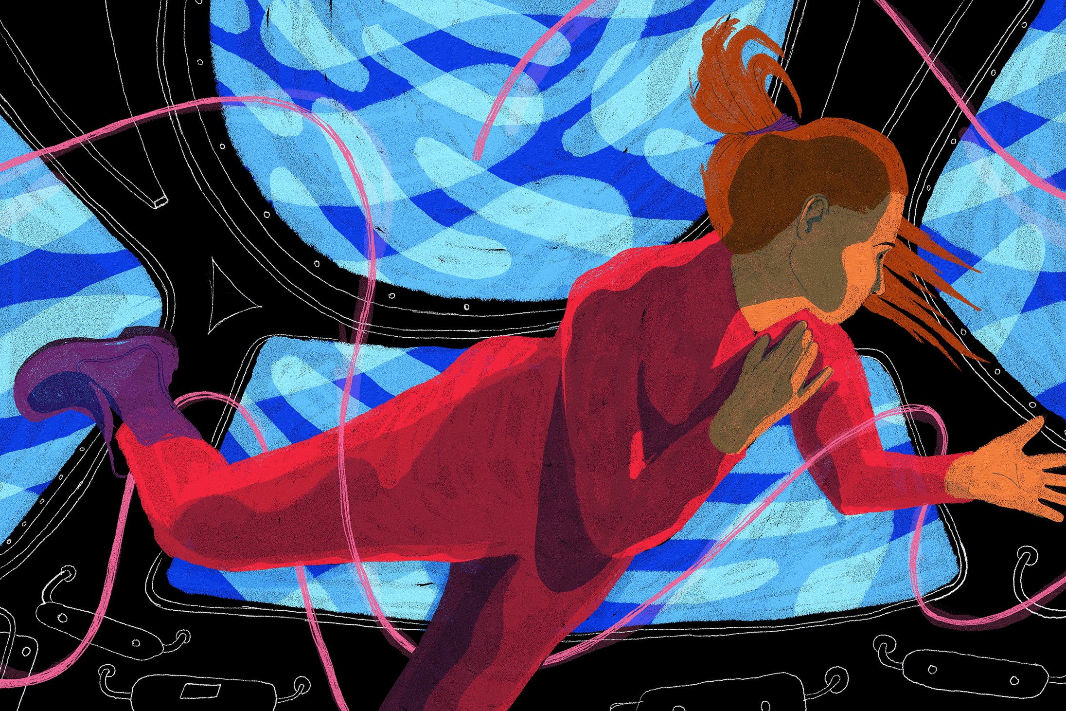 A woman in a red space suit floating in a tangle of wires on a space station.