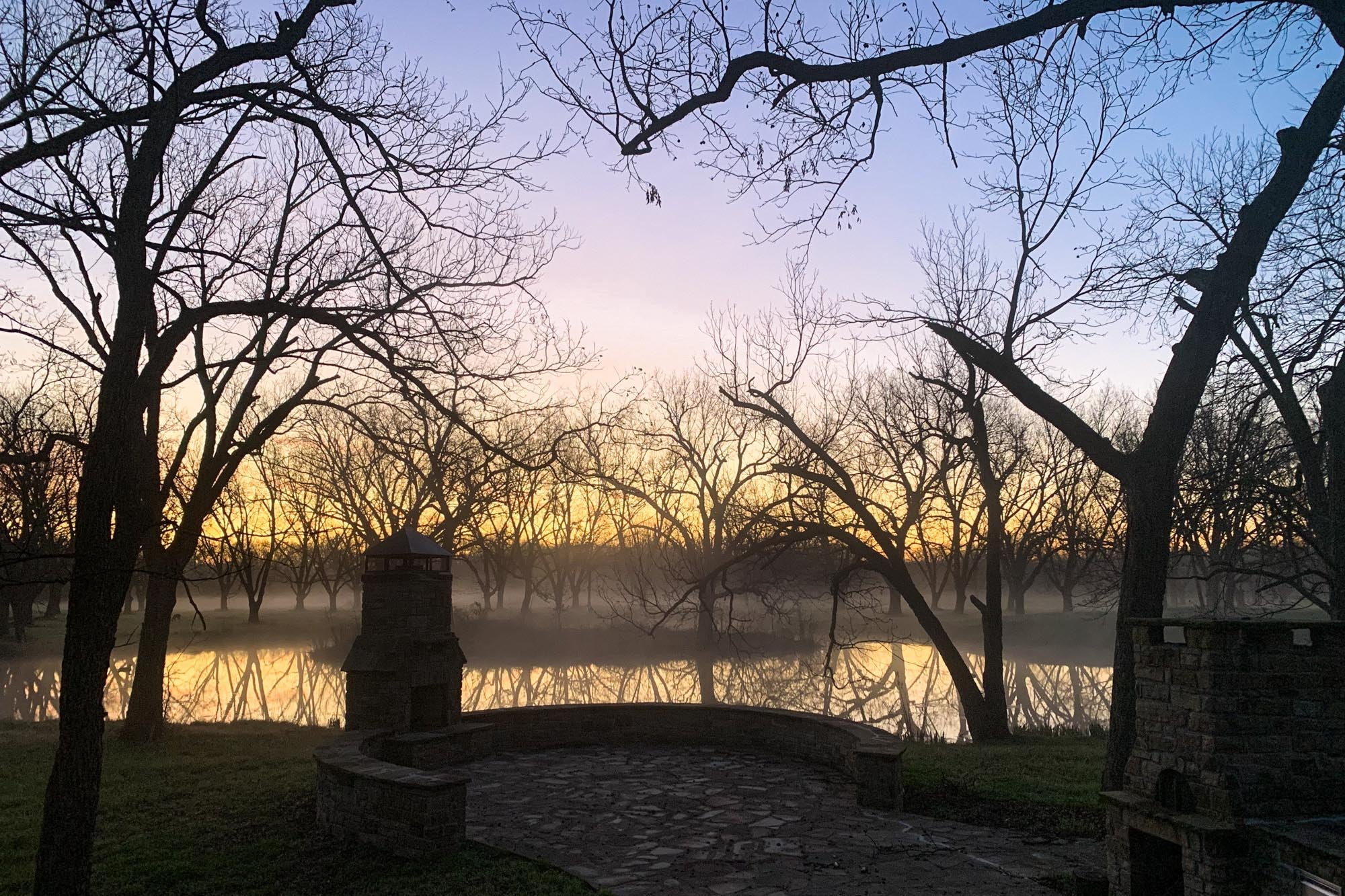 View of a lagoon at dusk.