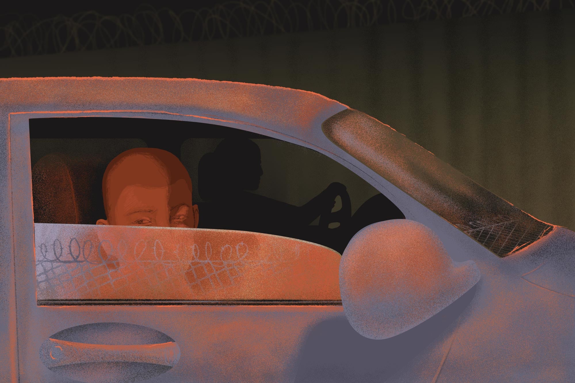 Illustration of a boy looking out of the driver side window at a barbed wire fence.