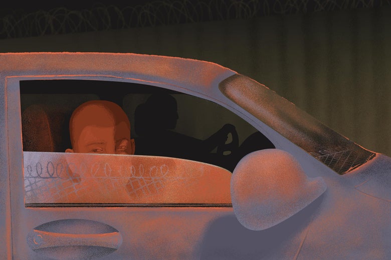 Illustration of a boy looking out of the driver side window at a barbed wire fence.