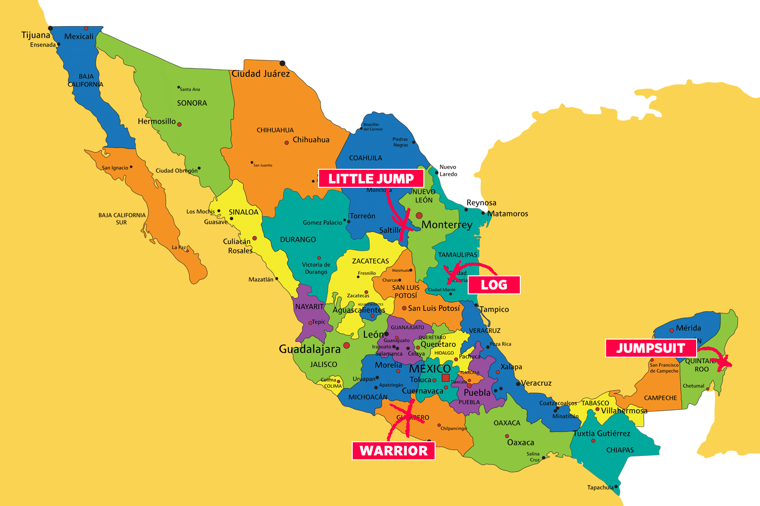 Map of Mexico with city names erroneously translated as Little Jump, Log, Jumpsuit, and Warrior