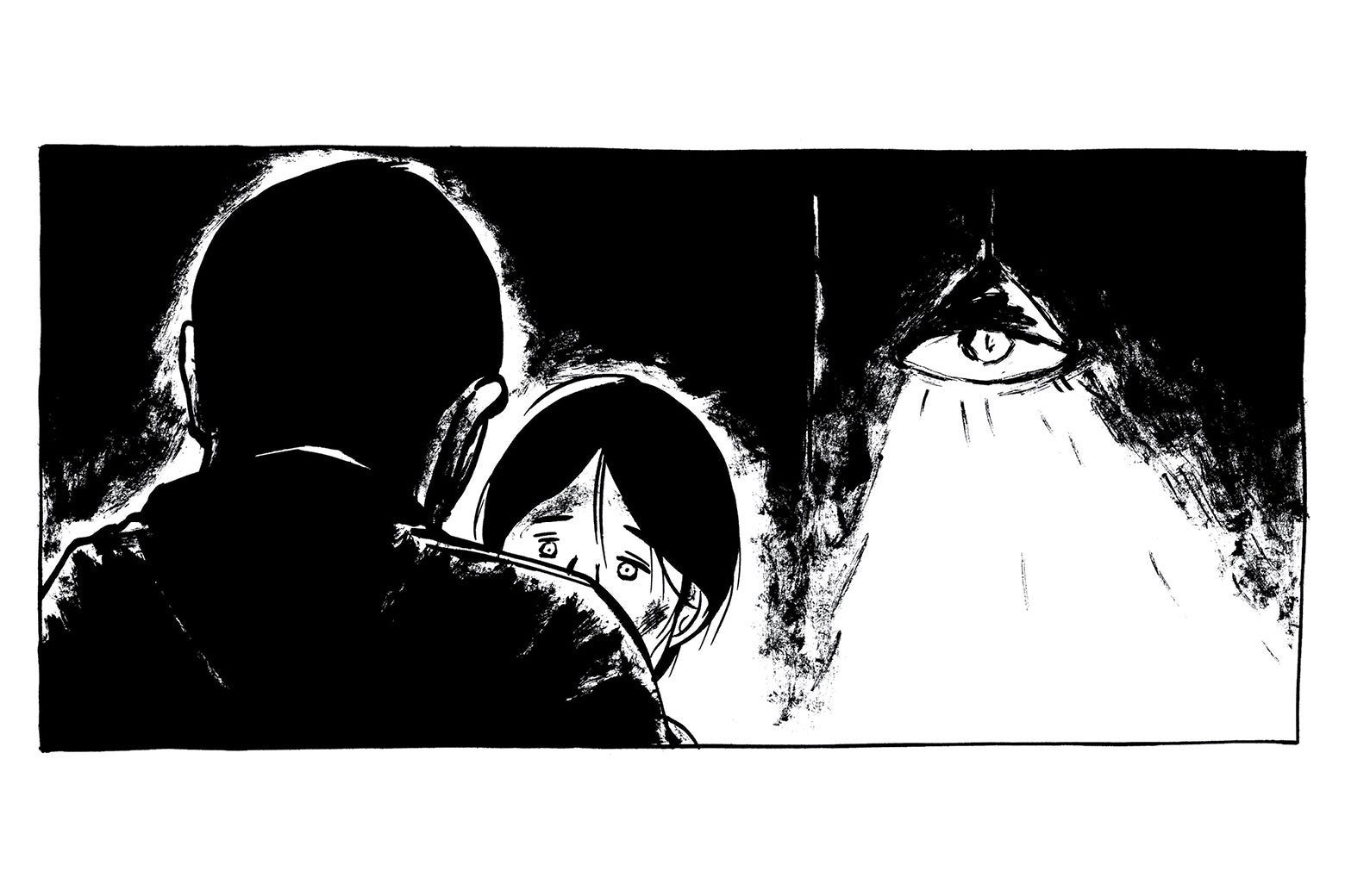 A woman looks over a man's shoulder in front of a hanging light, in a panel from Grass.