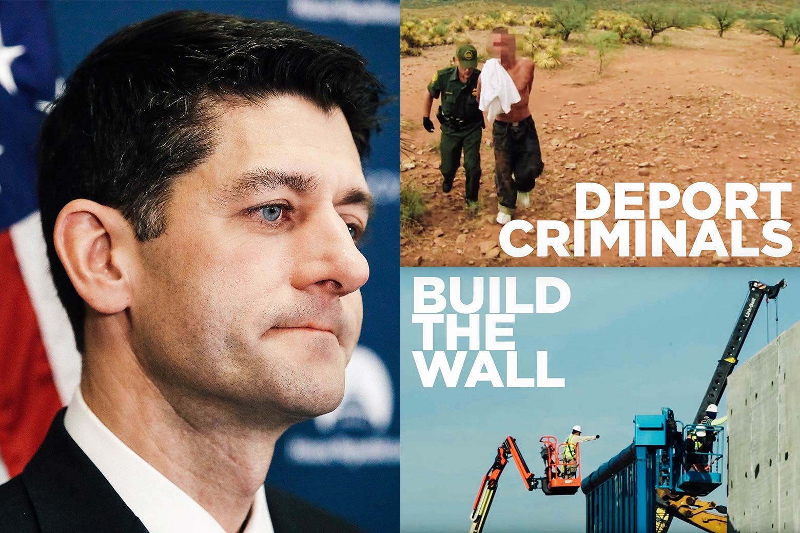 House Speaker Paul Ryan (R-WI) participates in his weekly news conference on Capitol Hill December 5, 2017 in Washington, DC, and two stills from a Trump campaign ad, "BUILD THE WALL" and "DEPORT CRIMINALS".