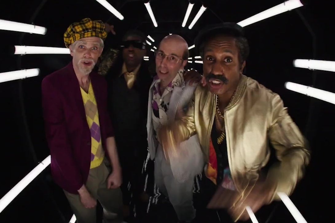 Mikey Day, Kenan Thompson, Kyle Mooney, and Chris Redd, all made up like old people dancing in a still from Saturday Night Live.