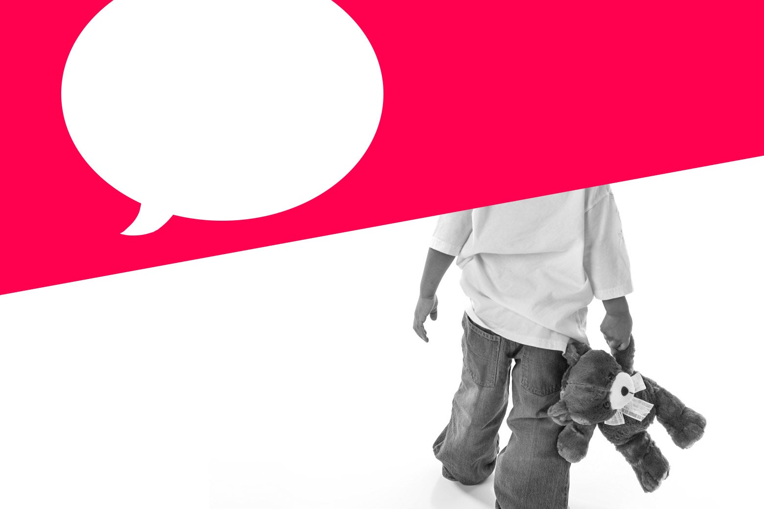 A graphic of a text bubble and a boy holding a teddy bear.