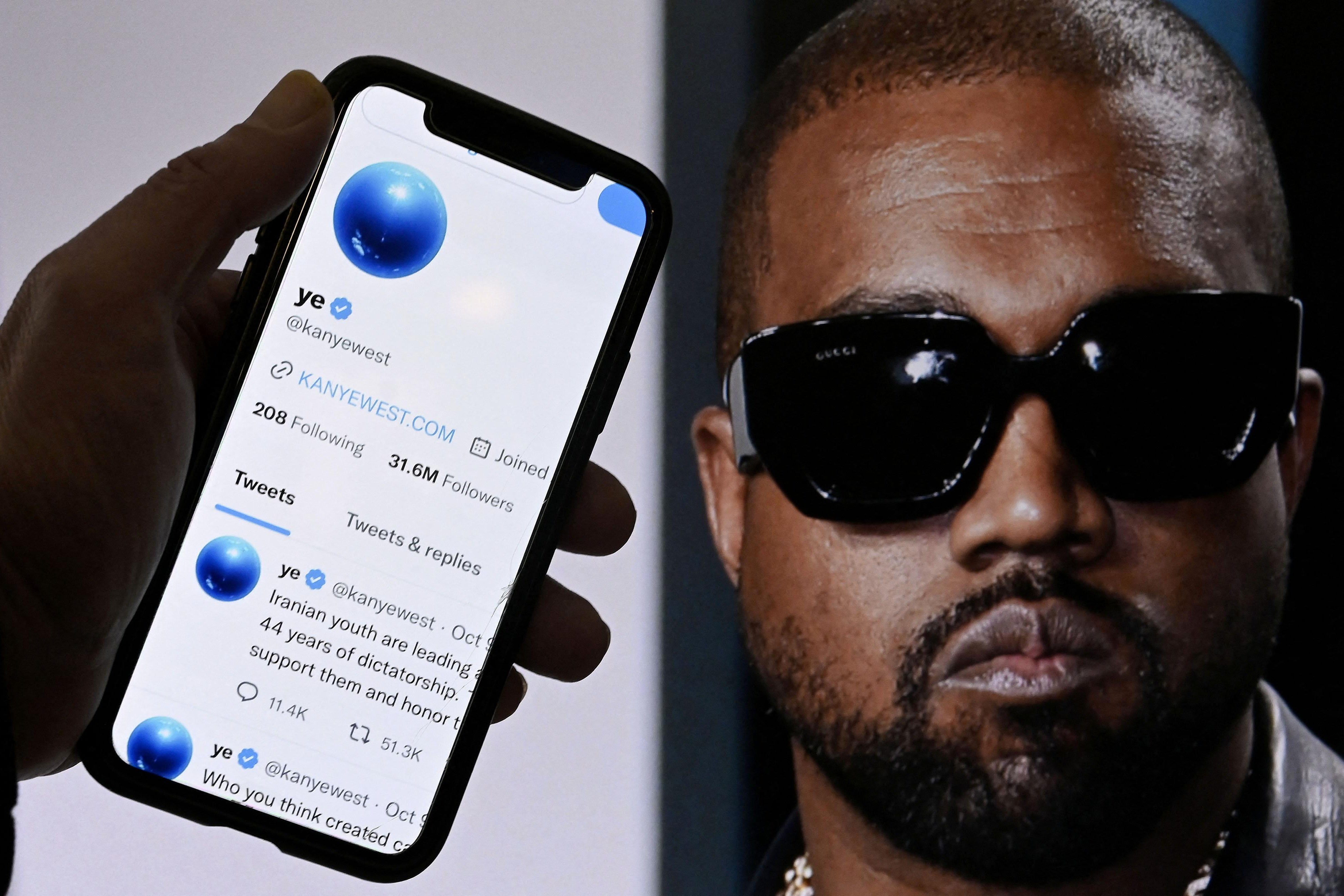 A side-by-side illustration of a phone displaying Kanye West's Twitter account and the rapper's face with sunglasses donned.