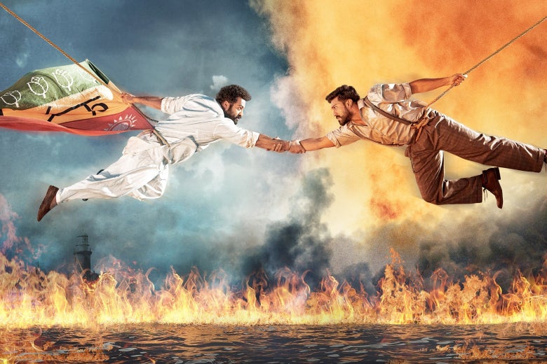 Two men fly through the air to grasps hands as the water and air around them are engulfed in flames.