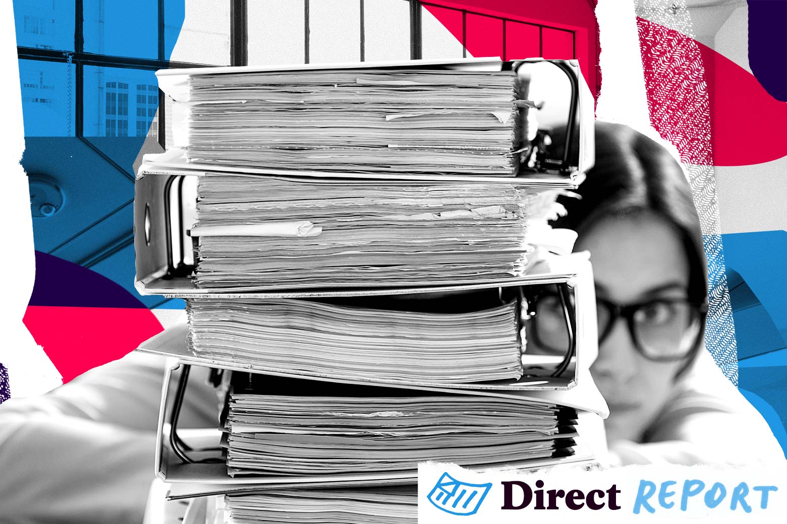 A woman staring at a stack of binders on her desk.