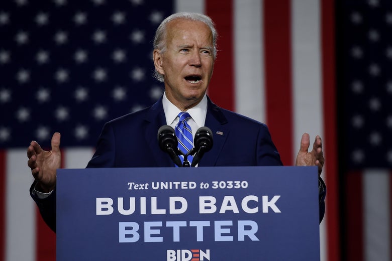 Democratic presidential candidate and former Vice President Joe Biden speaks at a "Build Back Better" Clean Energy event on July 14, 2020 at the Chase Center in Wilmington, Delaware. (Photo by Olivier DOULIERY / AFP) (Photo by OLIVIER DOULIERY/AFP via Getty Images)