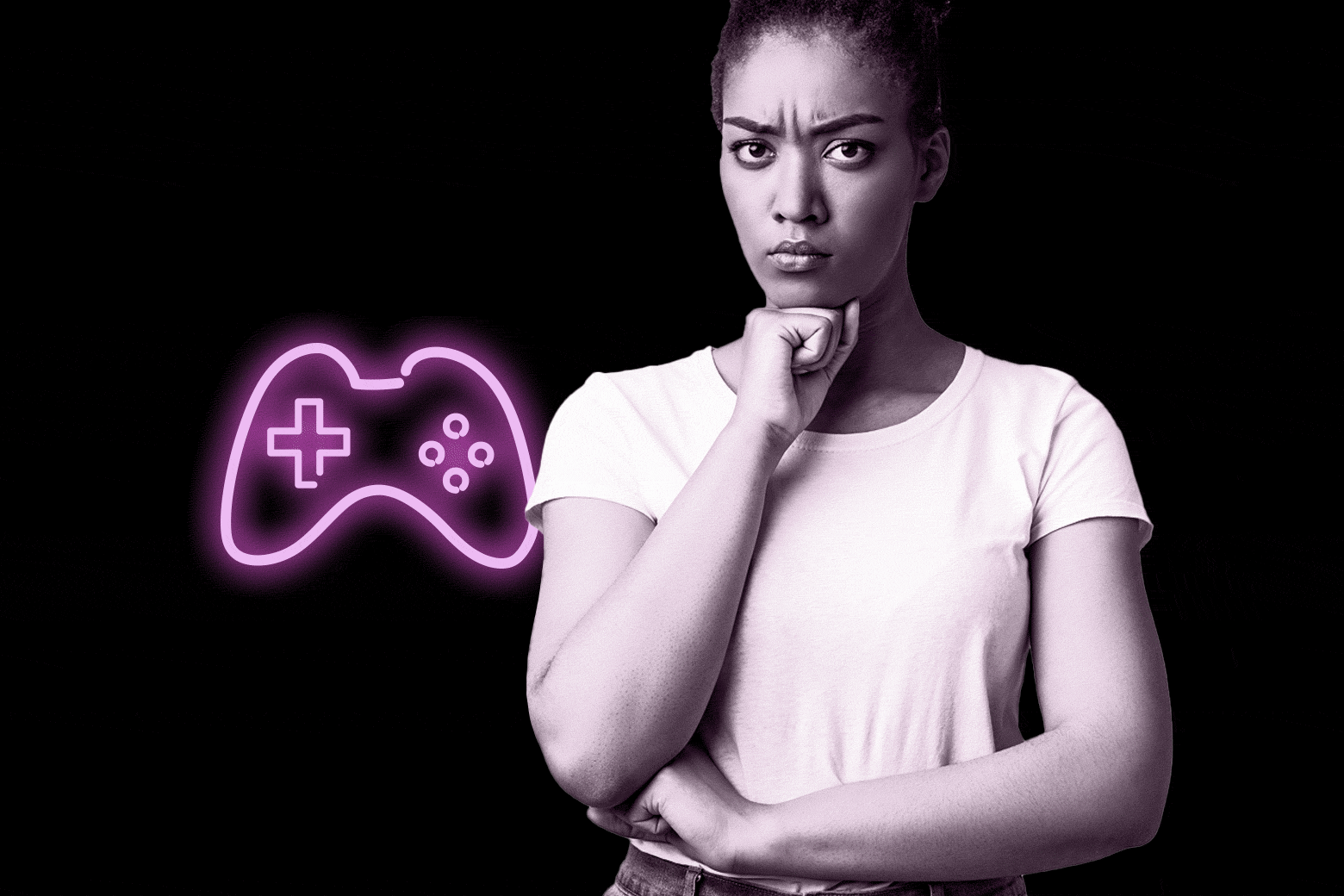 A woman looks concerned next to a neon video game controller.