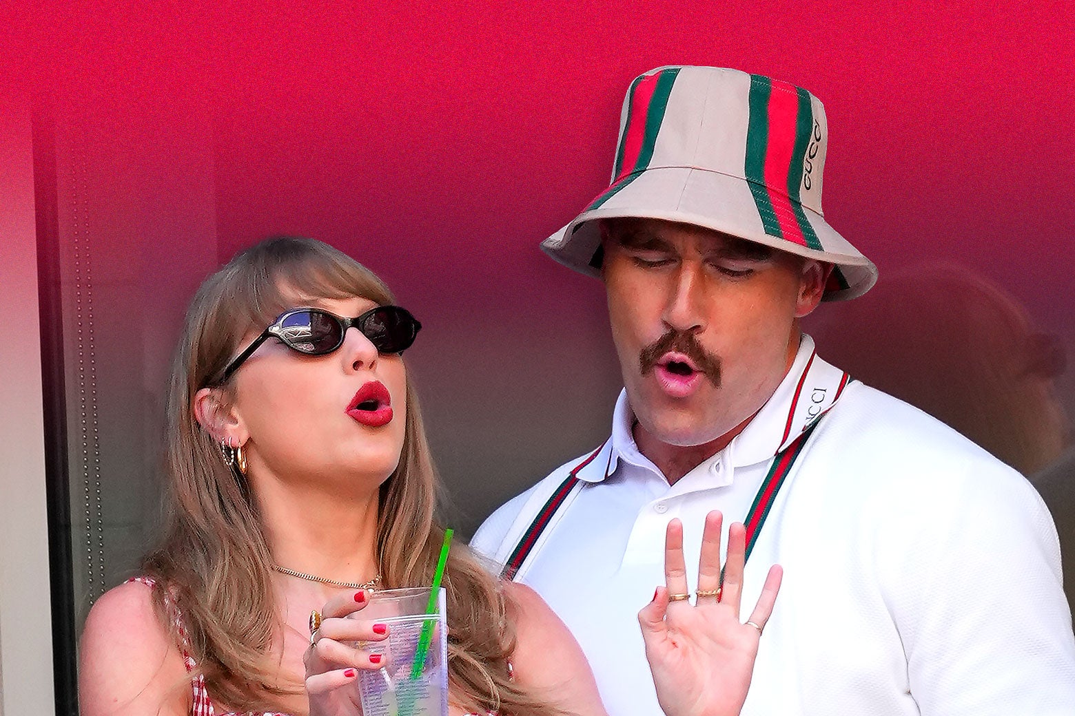 Taylor Swift and Travis Kelce sing a song together in a suite at a tennis match.