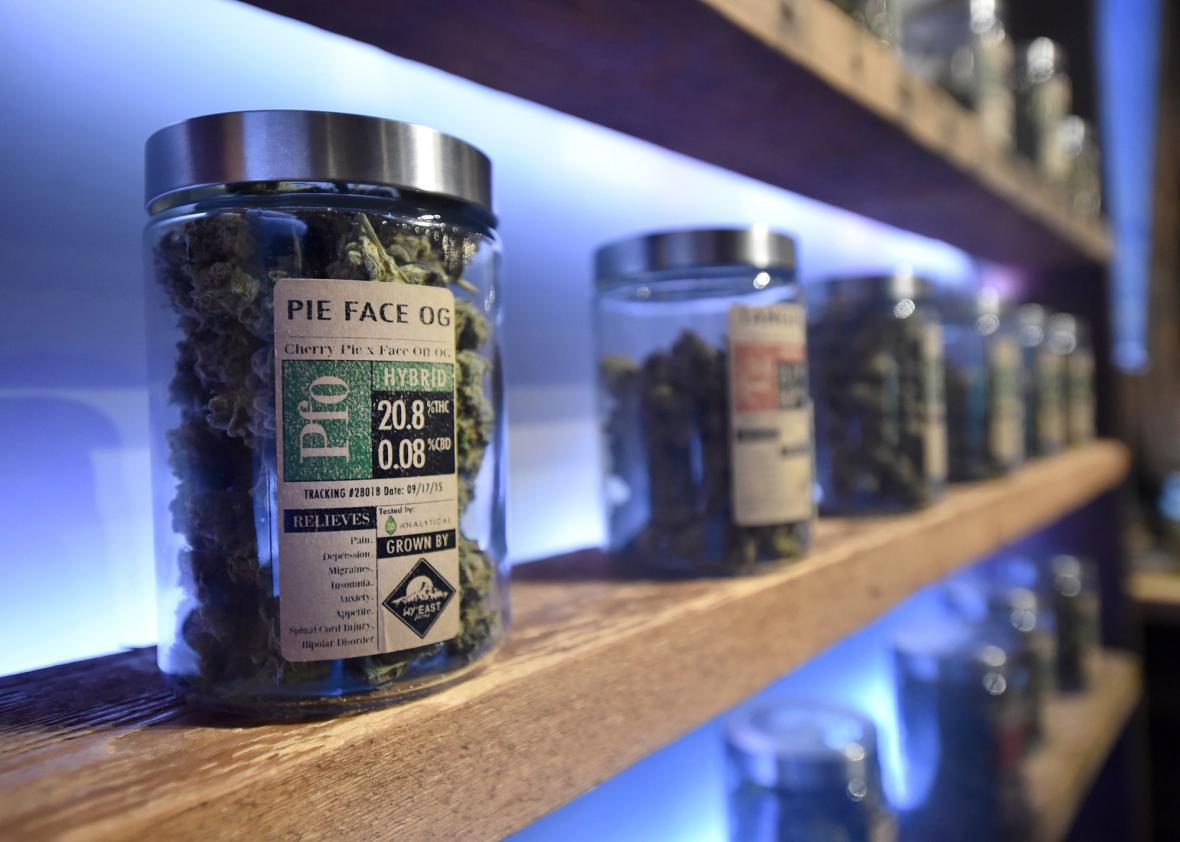 Products are displayed for sale at Oregon's Finest, a marijuana dispensary.