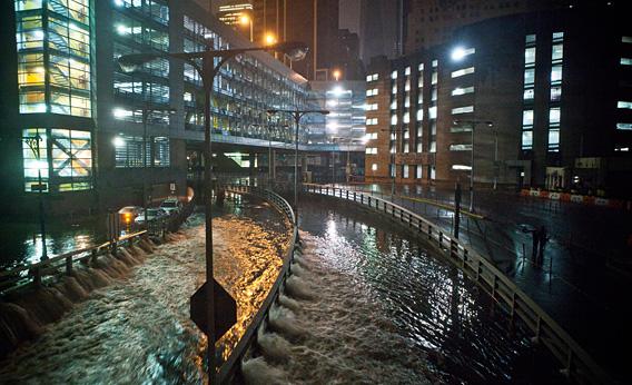 Flooding in downtown New York's Financial District on Monday night.