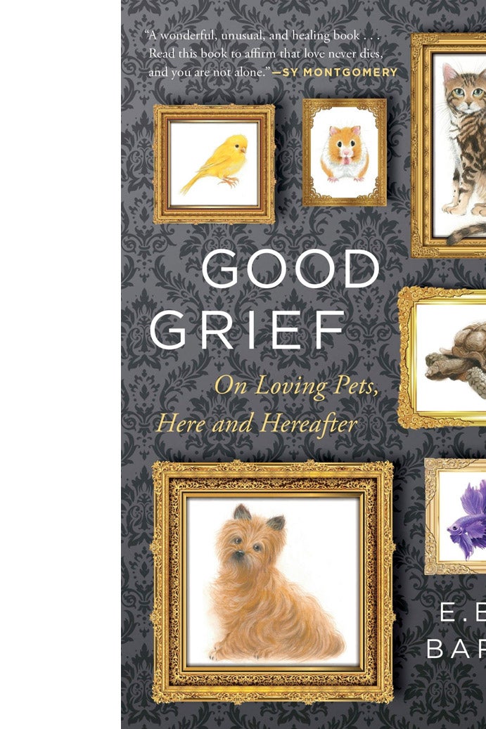 The cover of Good Grief, featuring a gray wallpaper background with portraits of pets in gold picture frames.