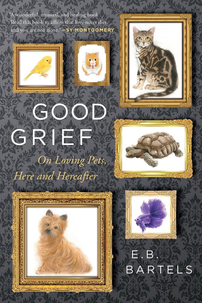 The cover of Good Grief, featuring a gray wallpaper background with portraits of pets in gold picture frames.