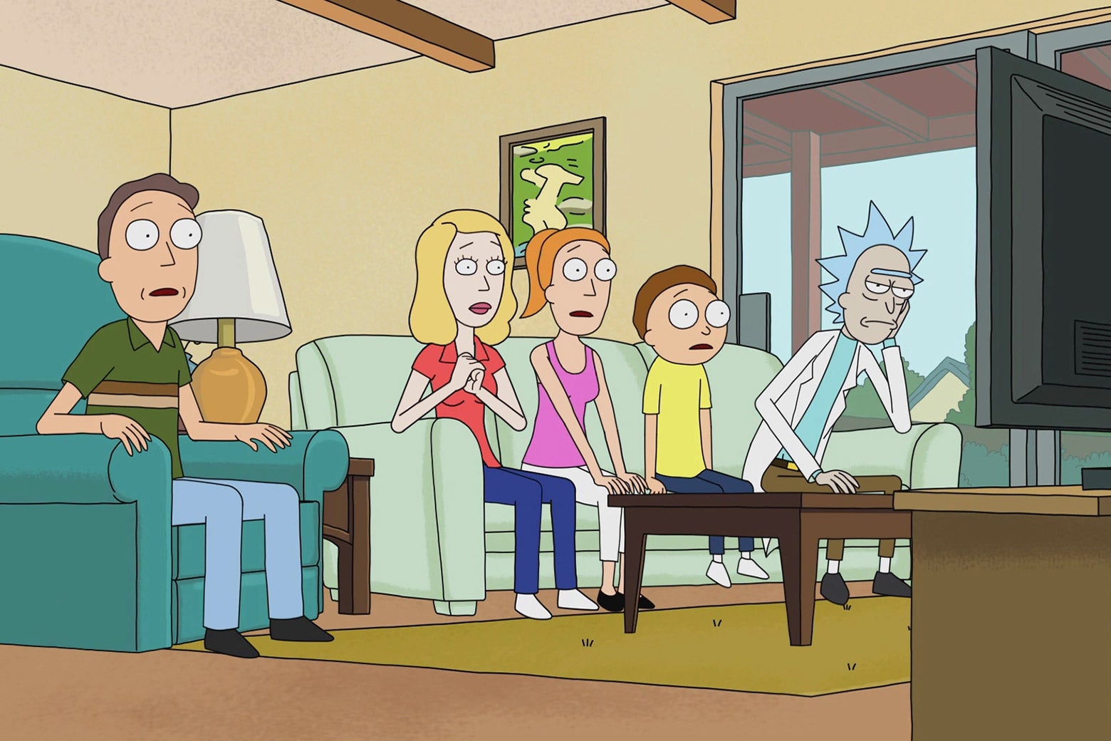 A cartoon family sits in their living room and watches their TV in astonishment and dread.