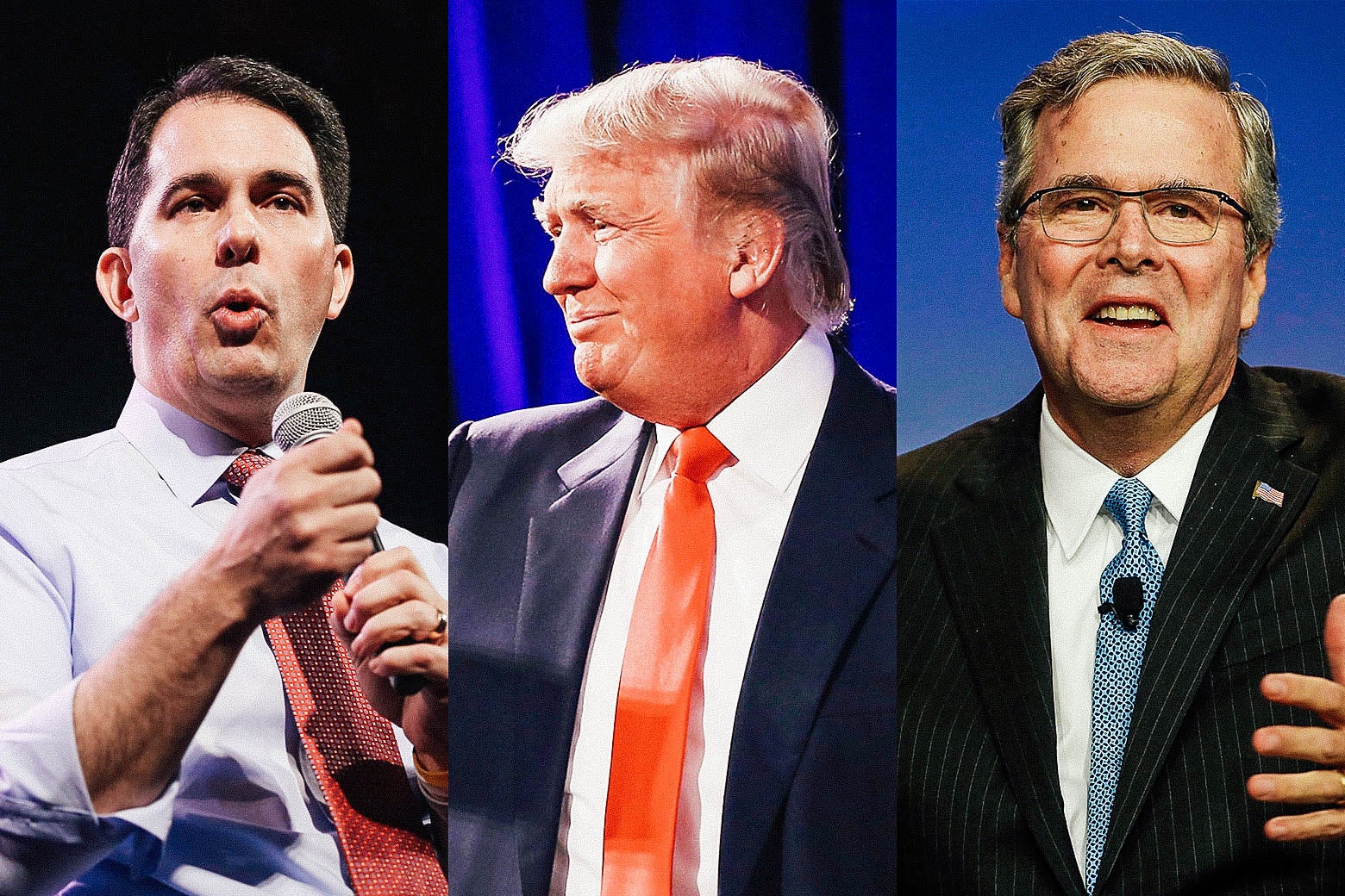 Left and center photos by Scott Olson/Getty Images. Right photo by Justin Sullivan/Getty Images. Scott Walker, Donald Trump, and Jeb Bush in 2015.