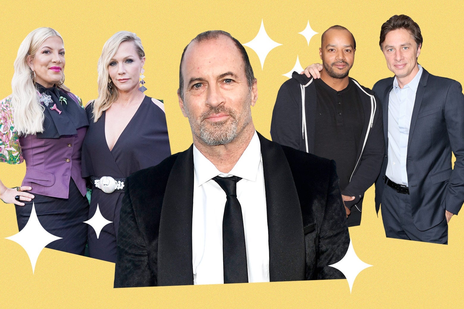 Photo collage of Scott Patterson, Tori Spelling with Jennie Garth, and Donald Faison with Zach Braff, surrounded by four-pointed stars