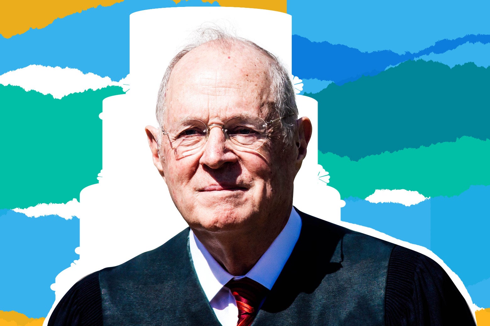 Photo illustration: Supreme Court Justice Anthony Kennedy against a blue, green, yellow, and white background.