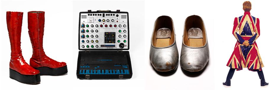 (L-R): Red platform boots, 1972-73, Aladdin Sane Tour; EMS Synthi AKS synthesizer purchased in 1974 by Brian Eno and used for the recording of “Heroes”, 1977; Pierrot pumps, 1980 designed by Natasha Korniloff for the ‘Ashes to Ashes’ video and Scary Monsters album cover; Original photography for the Earthling album cover, 1997 Union Jack coat designed by Alexander McQueen in collaboration with David Bowie.