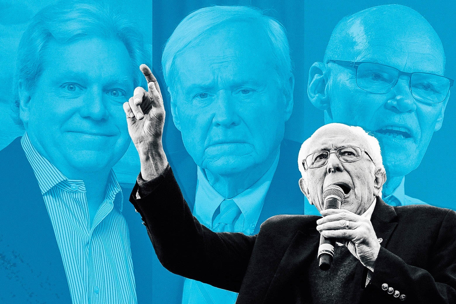 A photo of Sanders speaking and raising his finger, superimposed on a background of close-up shots of Lockhart, Matthews, and Carville.