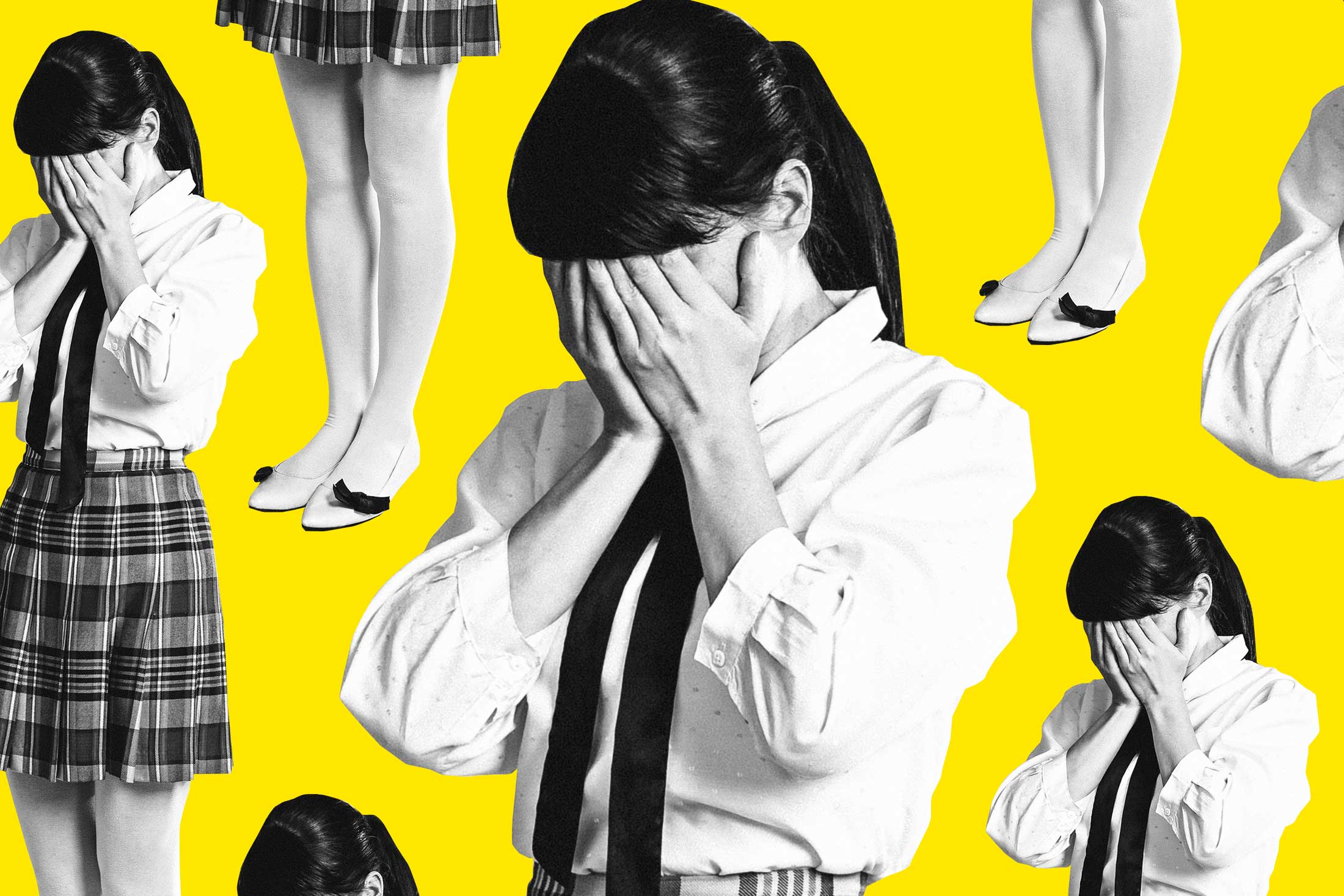 Woman in school uniform covering face, in a repeated pattern on a yellow background.