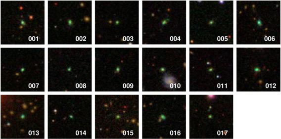 All 17 known green bean galaxies in the Universe.