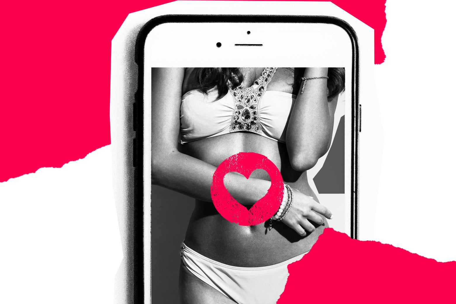Picture on a phone of woman in a bikini, hearted.