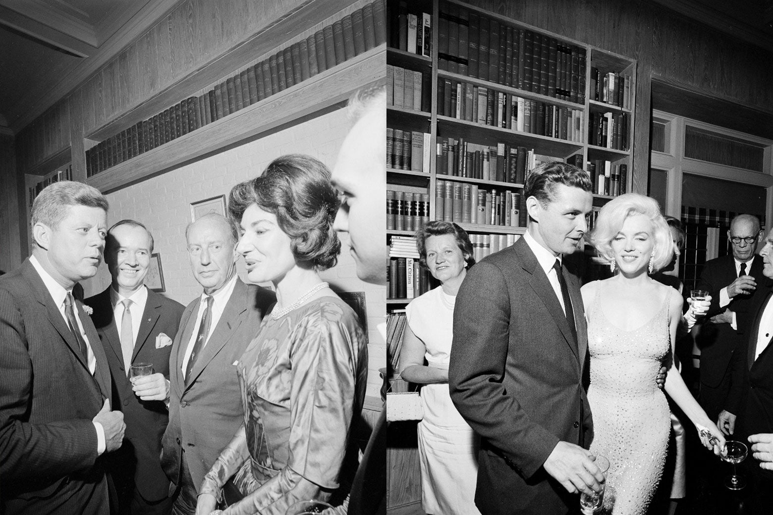 Black-and-white images of Callas with JFK, and Monroe with a dark-haired man in a suit, at a party.