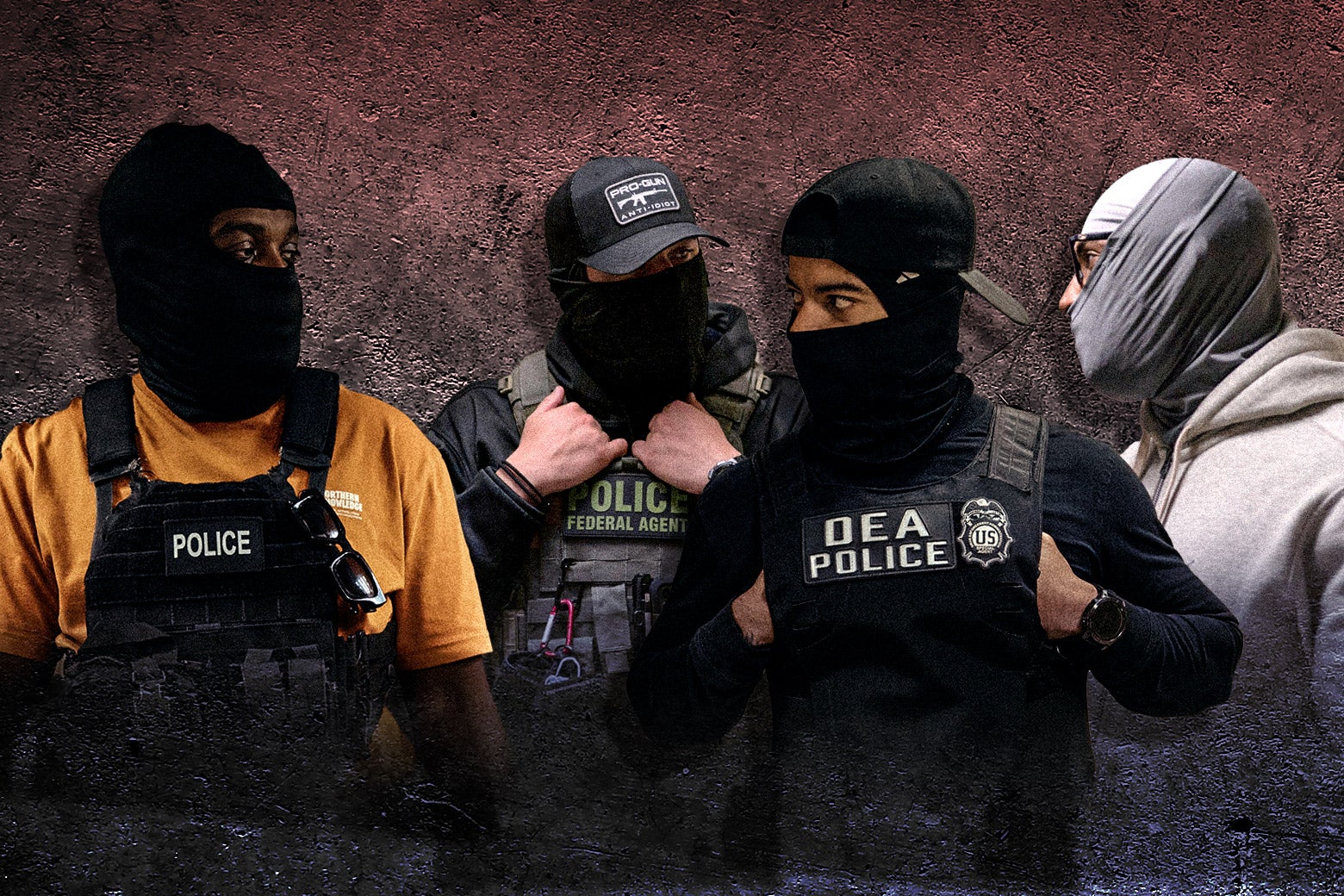 Four examples of police officers wearing masks that disguise their faces.