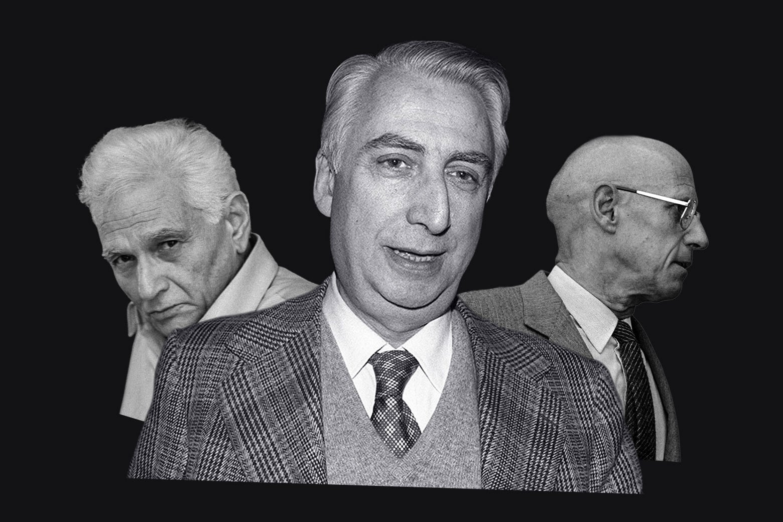 Black-and-white photo illustration with French philosophers Jacques Derrida, Roland Barthes, and Michel Foucault.