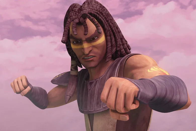 A very buff human-looking computer-animated figure raises his fists, his brow furrowed at the viewer. He wears what look like the Star Wars equivalent of football pads, with his hair maybe in braids or locks. Across his face, there's a line of what looks like yellow paint.