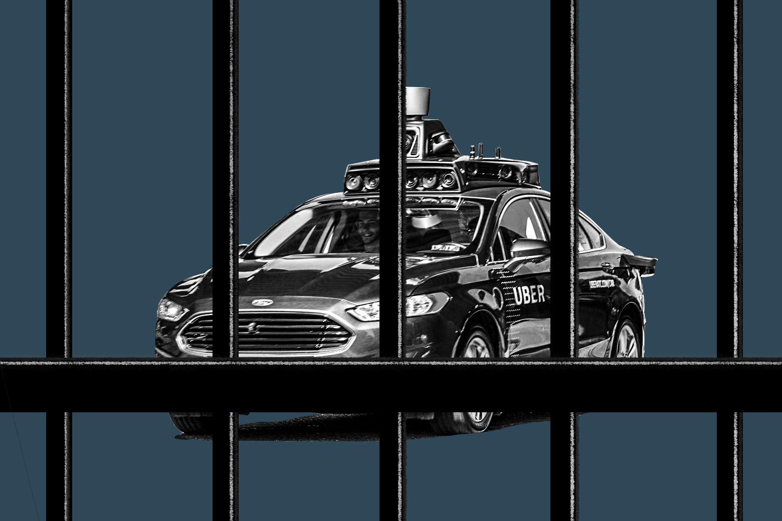An Uber car behind prison bars